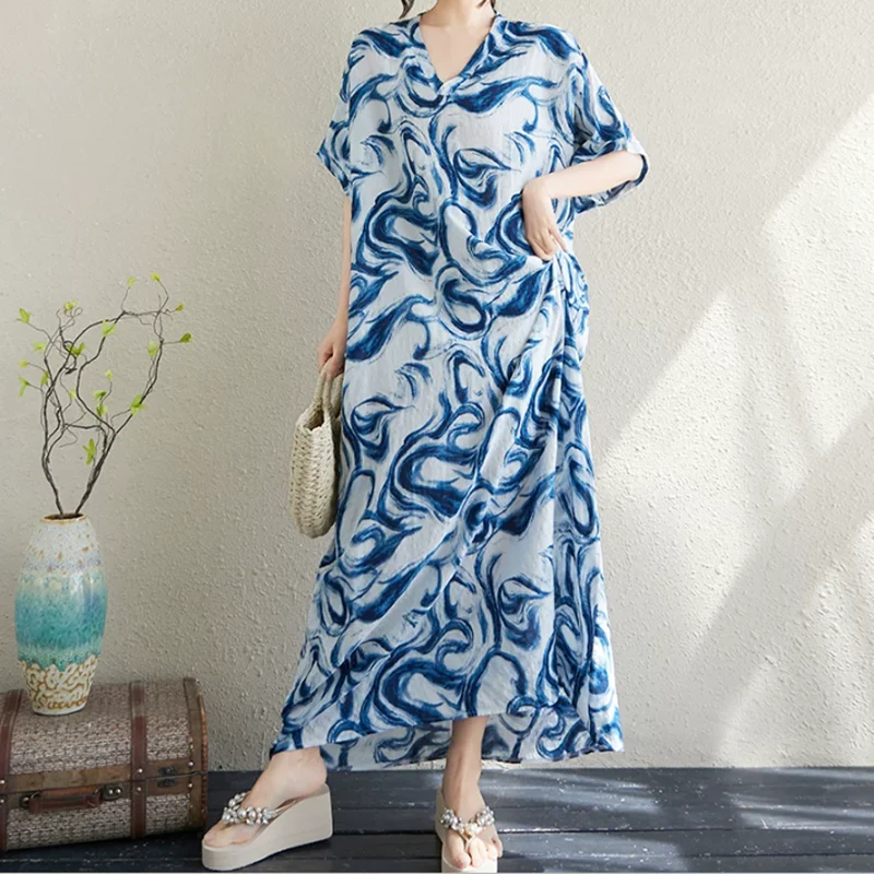 Summer Woman Sleepdress V-Neck Cotton Linen Loose Large Size Nightclothes Style Beach Skirt Retro Women Long Robe
Summer Woman Sleepdress V-Neck Cotton Linen Loose Large Size Nightclothes Style Beach Skirt Retro Women Long Robe