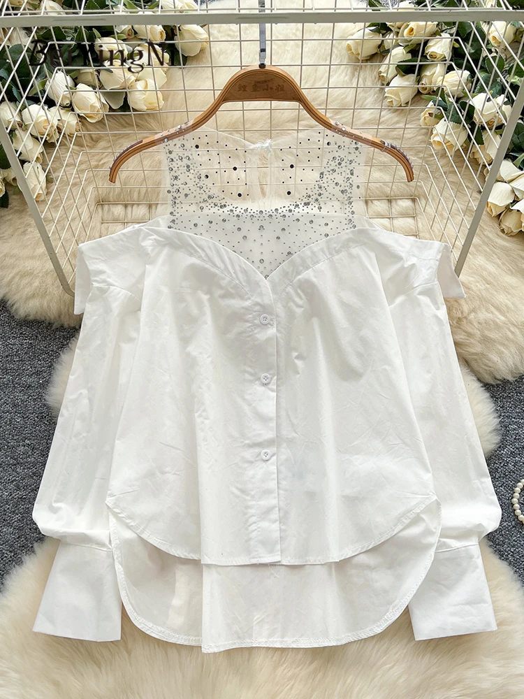 Beiyingni повседневные женские белые рубашки с бриллиантами, корейские шикарные сетчатые топы с лямкой на шее и длинными рукавами, женская черная рубашка нерегулярной формы с открытыми плечами
Beiyingni повседневные женские белые рубашки с бриллиантами, корейские шикарные сетчатые топы с лямкой на шее и длинными рукавами, женская черная рубашка нерегулярной формы с открытыми плечами