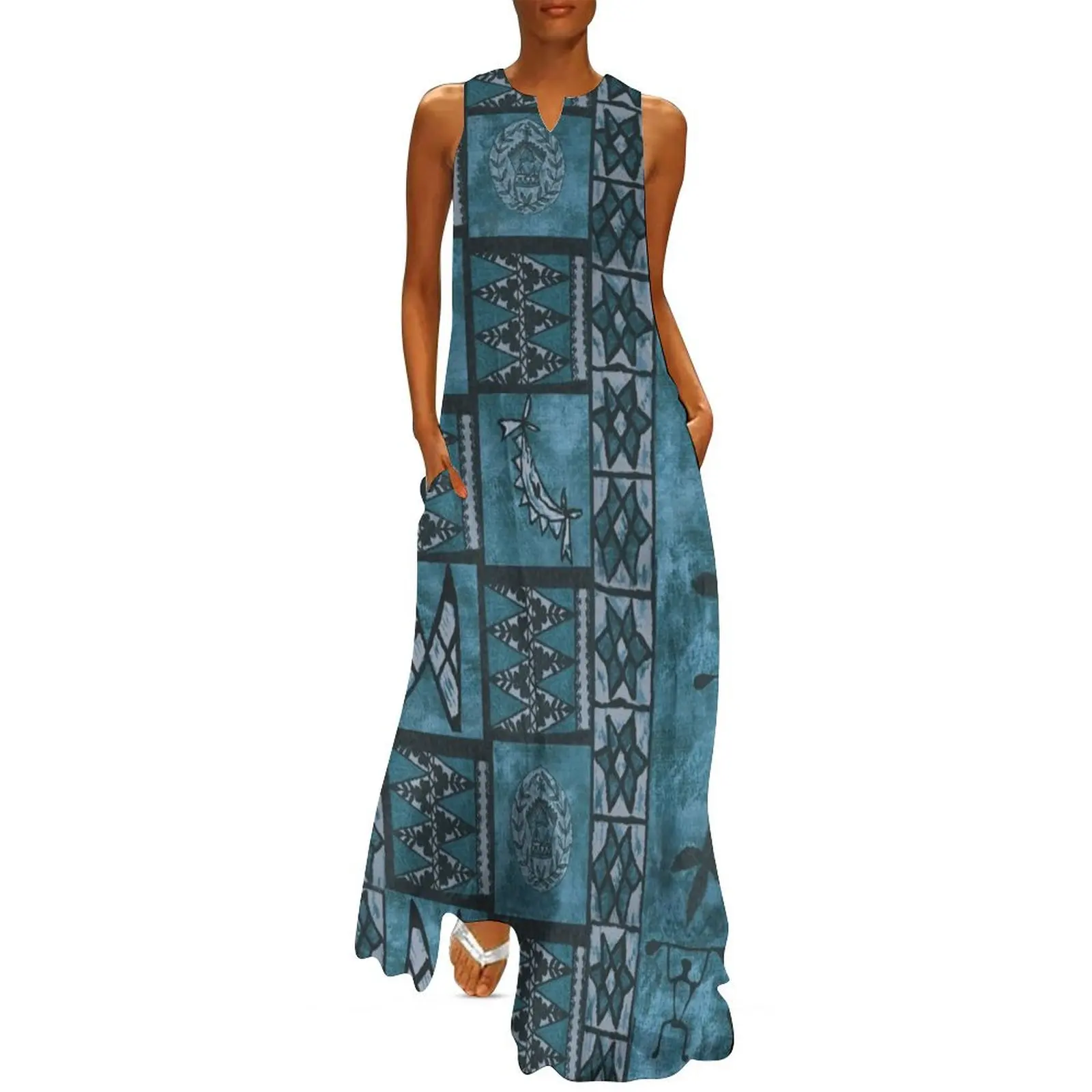 Vintage Hawaiian Tapa Ocean Blue Long Dress loose summer dress women long dresses
Vintage Hawaiian Tapa Ocean Blue Long Dress loose summer dress women long dresses
