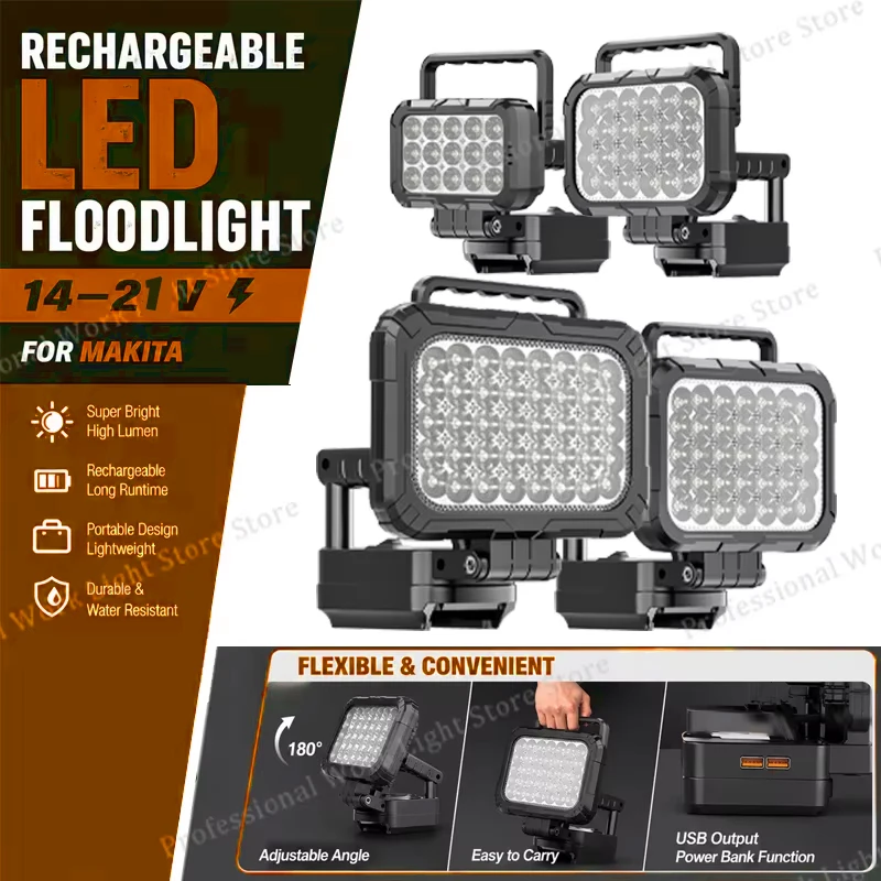 Work Light for Makita batteries, Rechargeable 18V LED floodlight, compatible with cordless, camping and workshop battery
Work Light for Makita batteries, Rechargeable 18V LED floodlight, compatible with cordless, camping and workshop battery