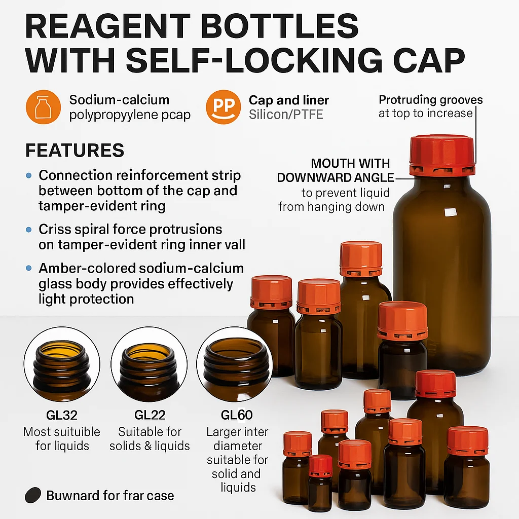 Янтарная бутылка для реагентов с самоблокирующейся крышкой. Лабораторное хранилище образцов. Стеклянный химический контейнер с широким горлышком.
Янтарная бутылка для реагентов с самоблокирующейся крышкой. Лабораторное хранилище образцов. Стеклянный химический контейнер с широким горлышком.