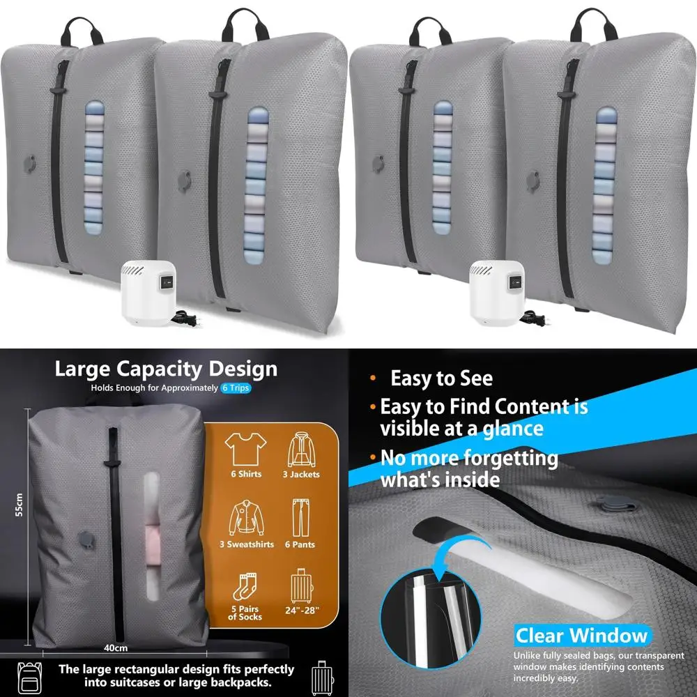 Space-Saving 5KPa Vacuum Bags with Transparent Window for Travel, 2 Pack + Pump, Grey, IP67 Rated, Reusable for Luggage, Backpac
Space-Saving 5KPa Vacuum Bags with Transparent Window for Travel, 2 Pack + Pump, Grey, IP67 Rated, Reusable for Luggage, Backpac