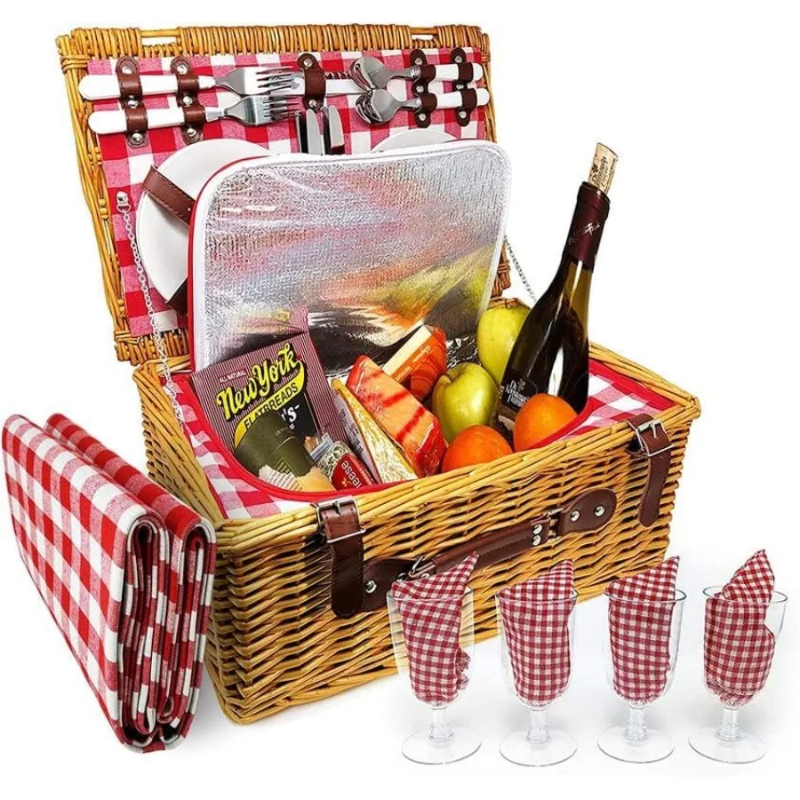 Picnic Basket for Outdoors, Wicker with Insulated Lining, Red White, Includes Dinnerware, Wine Glasses, Blanket, Service Kit, S
Picnic Basket for Outdoors, Wicker with Insulated Lining, Red White, Includes Dinnerware, Wine Glasses, Blanket, Service Kit, S