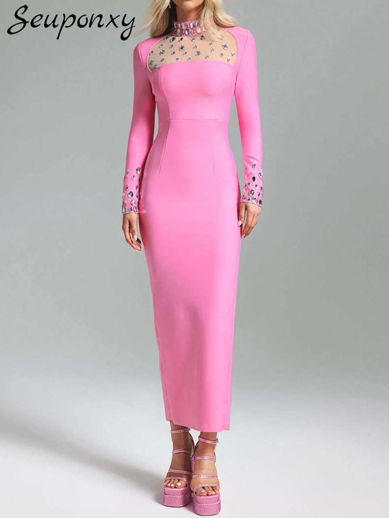 High Quality Women'S Pink Sexy Stand Up Collar Mesh Long Sleeved Luxury Diamond Crystal Bandage Maxi Dress Celebrity Party Dress
High Quality Women'S Pink Sexy Stand Up Collar Mesh Long Sleeved Luxury Diamond Crystal Bandage Maxi Dress Celebrity Party Dress