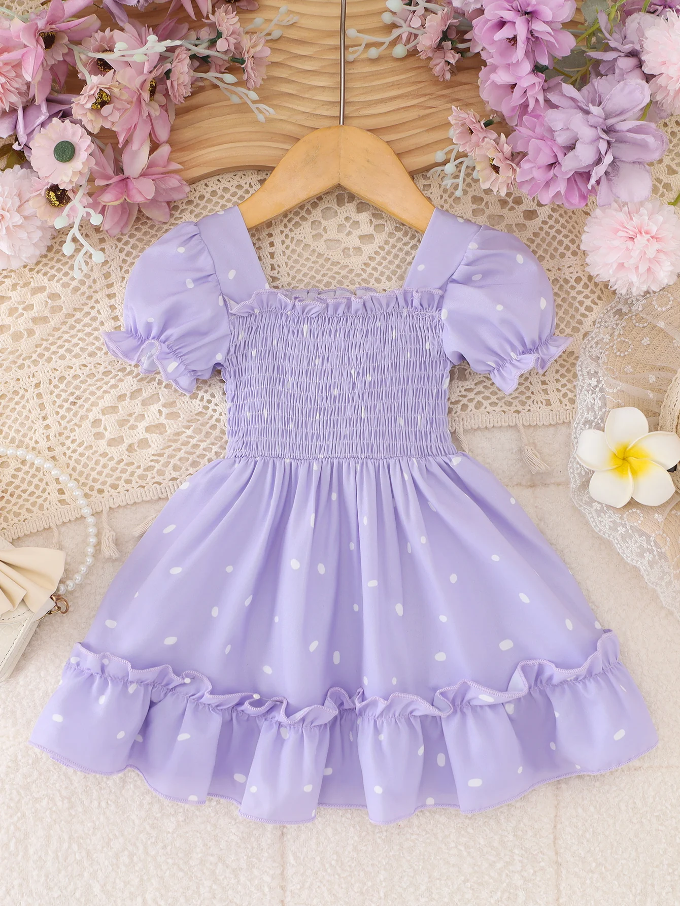 Infant Baby Girl Lavender Polka Dot Dress Puff Short Sleeve Square Neck Smocked Ruffle Dress Casual Summer Clothes 6-9M~2-3Y
Infant Baby Girl Lavender Polka Dot Dress Puff Short Sleeve Square Neck Smocked Ruffle Dress Casual Summer Clothes 6-9M~2-3Y