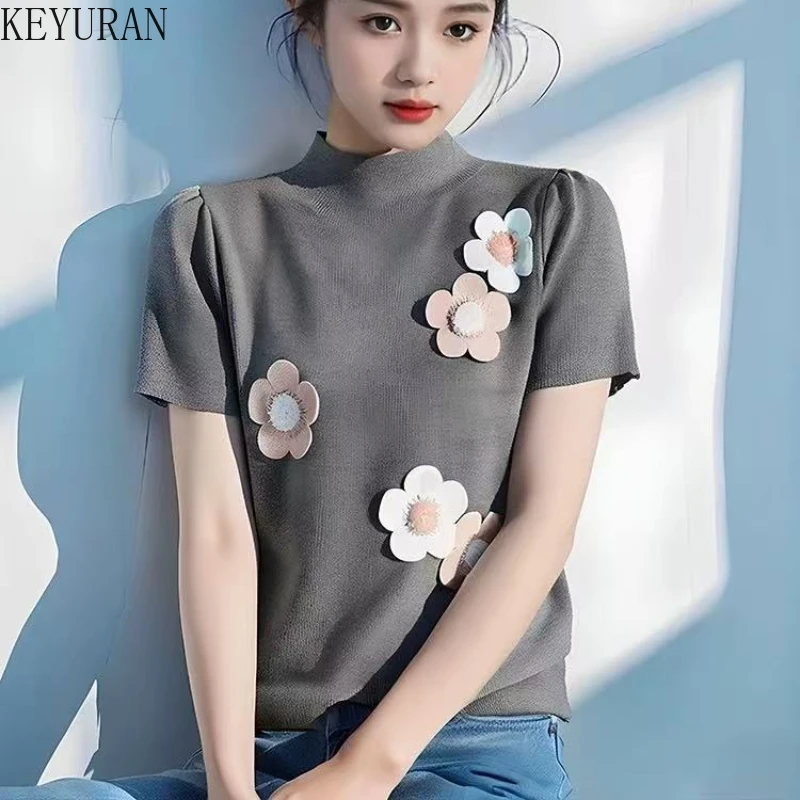 2025 Spring Summer New 3D Flower Bubble Sleeve Knitted T-shirt Women's Gentle Style Thin Short Sleeve Pullover Sweater Crop Tops
2025 Spring Summer New 3D Flower Bubble Sleeve Knitted T-shirt Women's Gentle Style Thin Short Sleeve Pullover Sweater Crop Tops