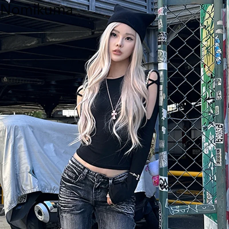 Готические укороченные топы Y2k для женщин, черные футболки с круглым вырезом и длинными рукавами, модные повседневные корейские футболки Camisetas, летняя футболка с вырезами 
Готические укороченные топы Y2k для женщин, черные футболки с круглым вырезом и длинными рукавами, модные повседневные корейские футболки Camisetas, летняя футболка с вырезами