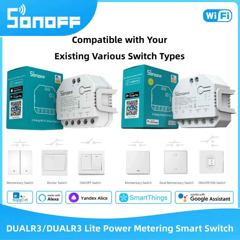 SONOFF DUALR3/DUALR3 Lite Двойное реле, двусторонний интеллектуальный переключатель измерения мощности, 2-бандовый интеллектуальный переключатель Wi-Fi, работает с EWelink Alexa Google
SONOFF DUALR3/DUALR3 Lite Двойное реле, двусторонний интеллектуальный переключатель измерения мощности, 2-бандовый интеллектуальный переключатель Wi-Fi, работает с EWelink Alexa Google