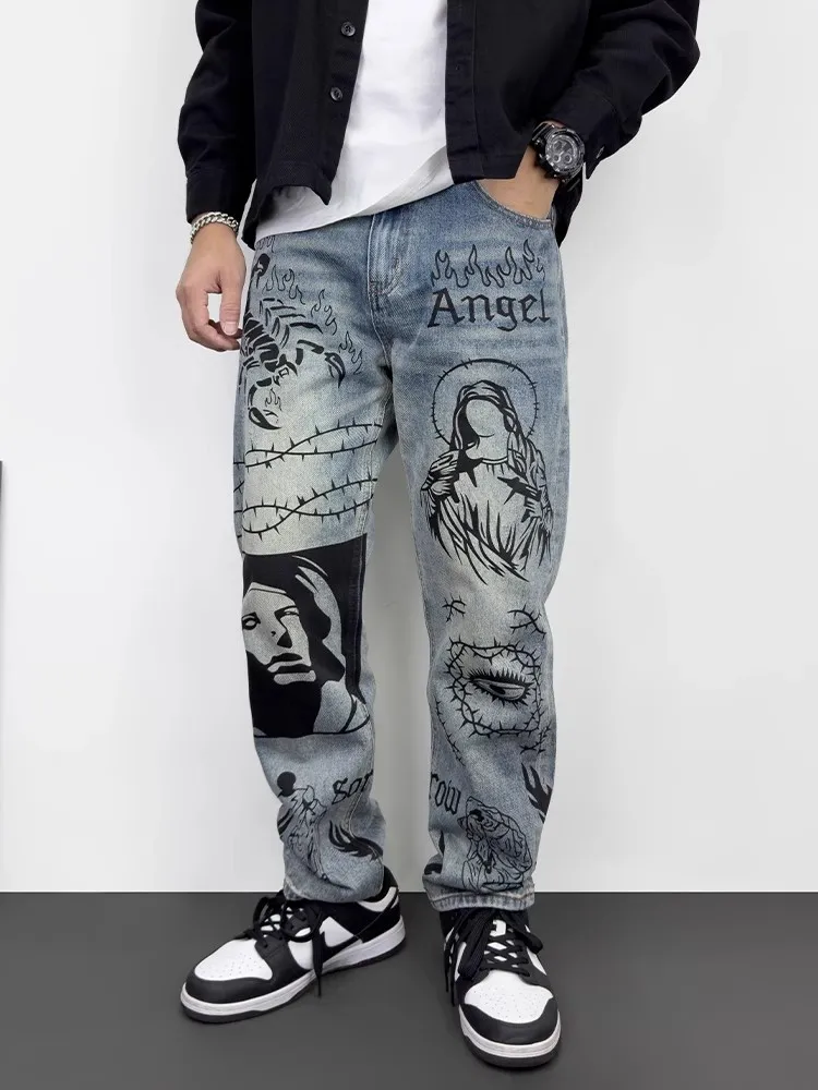 Retro Loose Fit Men's Jeans Cartoon fiti High Street Sle Summer Long Pants American Casual Faion High Waist Straight Leg
Retro Loose Fit Men's Jeans Cartoon fiti High Street Sle Summer Long Pants American Casual Faion High Waist Straight Leg