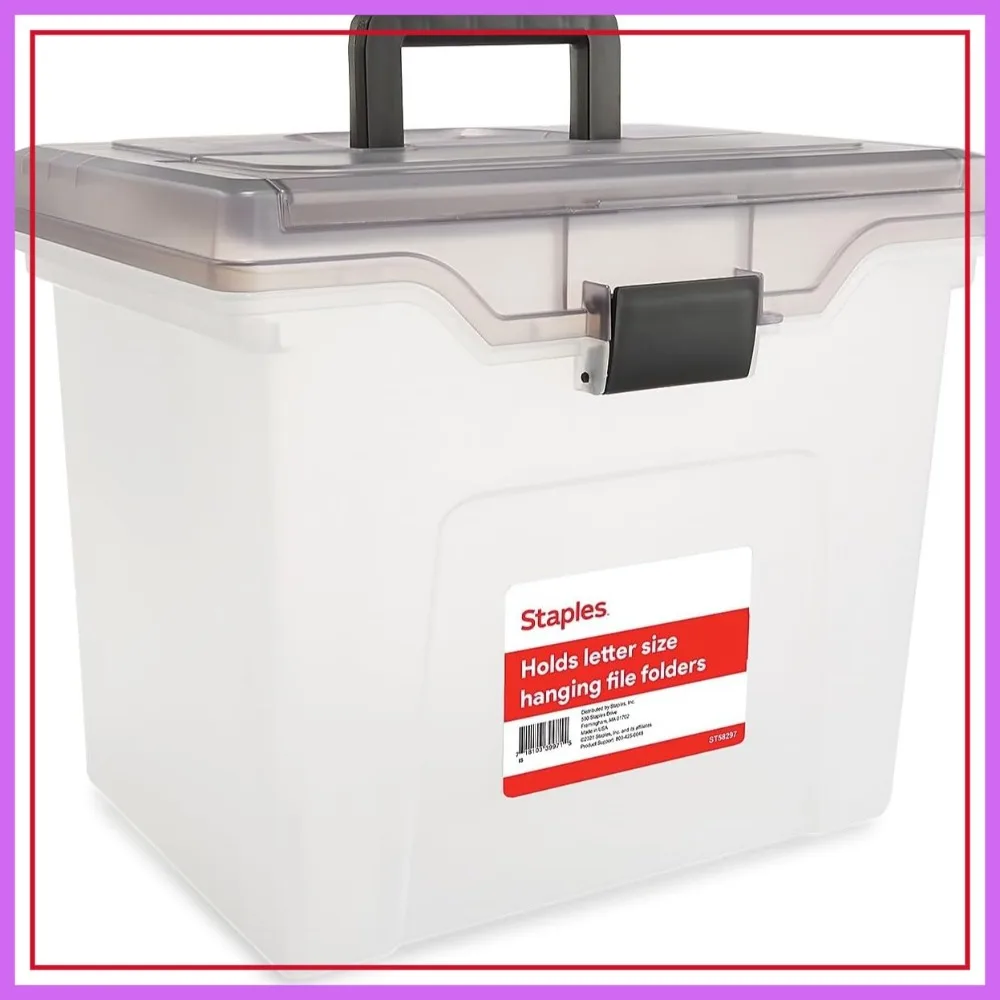 STAPLES File Box - Portable Letter-Size Storage Tote with Lid, Handle, Organizer Tray, Clear Plastic Filing Bin
STAPLES File Box - Portable Letter-Size Storage Tote with Lid, Handle, Organizer Tray, Clear Plastic Filing Bin