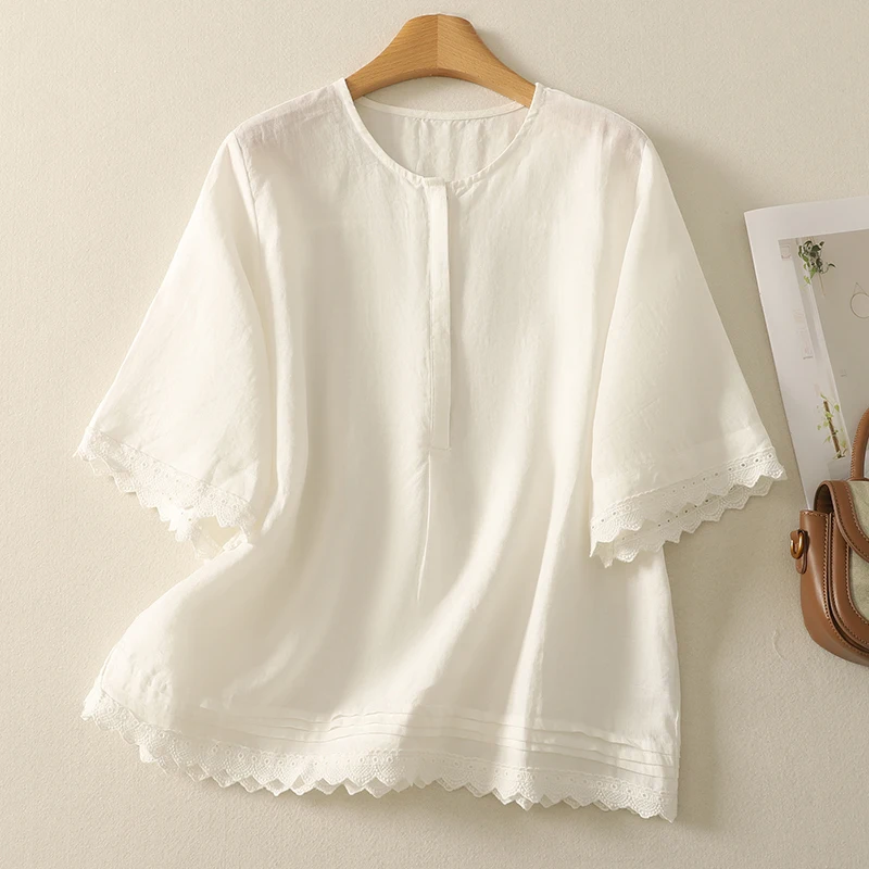 plus Size Women's Cotton Linen Blend T-Shirt Lace Detail Half Sleeve round Neck Top Summer New Arrival Office Casual Style
plus Size Women's Cotton Linen Blend T-Shirt Lace Detail Half Sleeve round Neck Top Summer New Arrival Office Casual Style