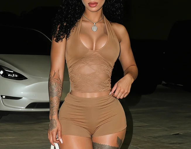 Two Piece Set Women Outfit 2026 Spring Summer New Halter Deep V-Neck Lace Perspective Backless Top & High Waist Daily Shorts Set
Two Piece Set Women Outfit 2026 Spring Summer New Halter Deep V-Neck Lace Perspective Backless Top & High Waist Daily Shorts Set