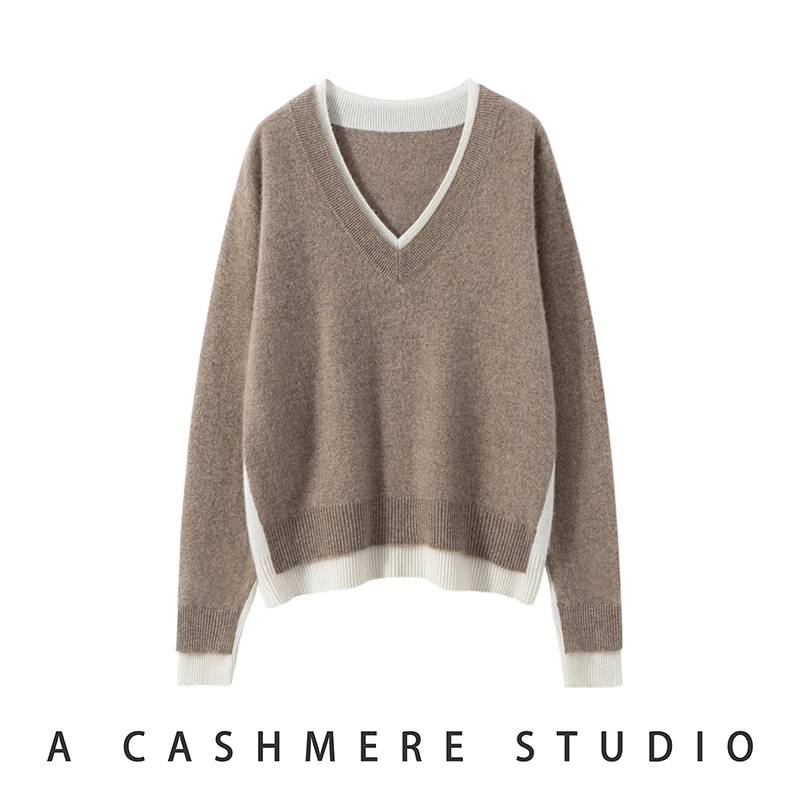 Women 100% Cashmere Sweater Fake Two Piece V-neck Long Sleeve Loose Pullover Autumn Winter High Quality Pure Cashmere Knit Top
Women 100% Cashmere Sweater Fake Two Piece V-neck Long Sleeve Loose Pullover Autumn Winter High Quality Pure Cashmere Knit Top