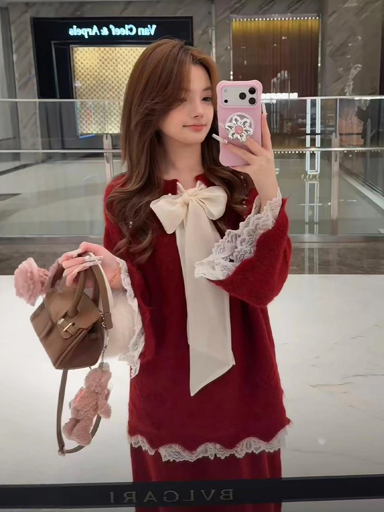 Christmas Atmosphere Red Sweater Skirt Set Women's Gentle Style Winter Fashion Two-Piece Outfit High Waist Midi Skirt
Christmas Atmosphere Red Sweater Skirt Set Women's Gentle Style Winter Fashion Two-Piece Outfit High Waist Midi Skirt