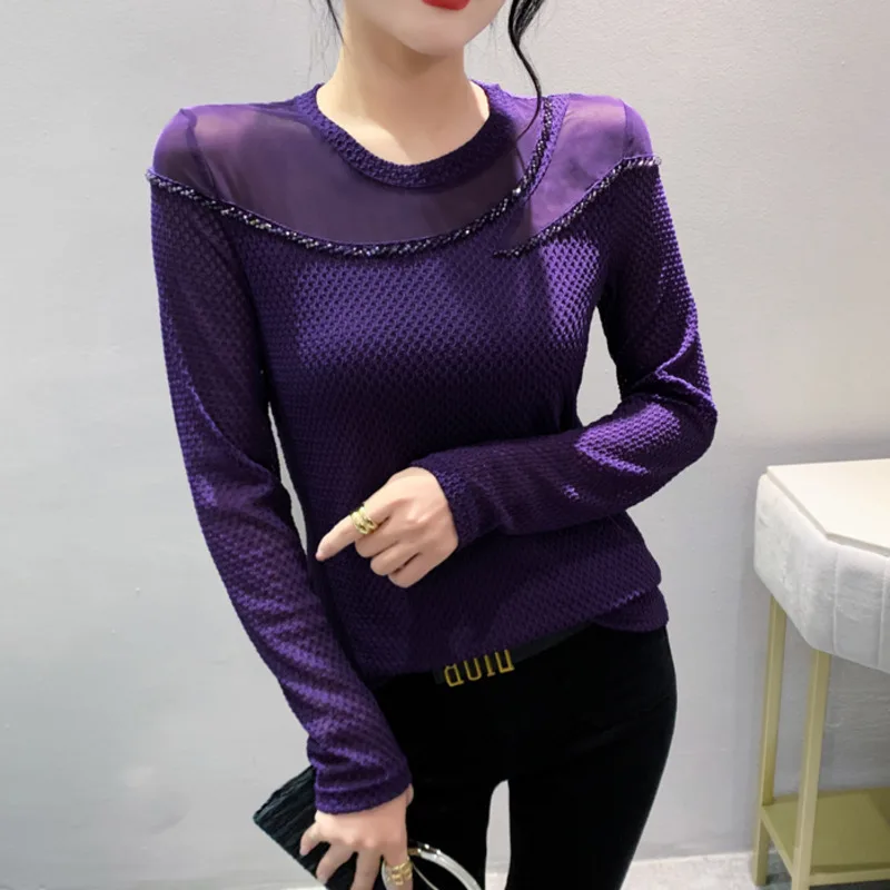 #8573 Black Green Purple Split Joint Mesh T Shirt Women Round Neck Sexy Tight Short Tshirt Femme Long Sleeve Elastic Office Tee
#8573 Black Green Purple Split Joint Mesh T Shirt Women Round Neck Sexy Tight Short Tshirt Femme Long Sleeve Elastic Office Tee