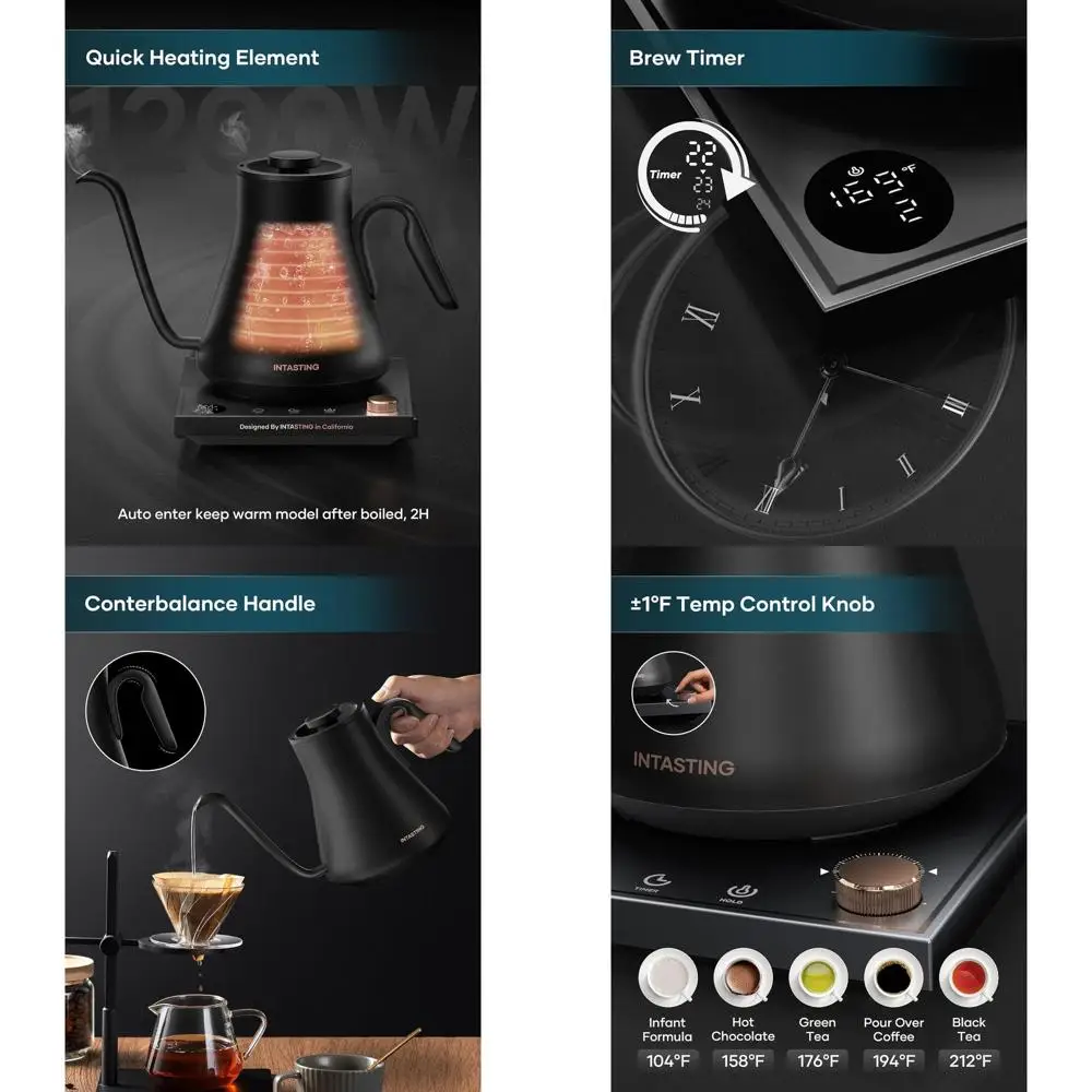 Stainless Steel Gooseneck Kettle with ±1°F Temperature Control, 0.9L Capacity for Coffee, Tea, and Water Boiling
Stainless Steel Gooseneck Kettle with ±1°F Temperature Control, 0.9L Capacity for Coffee, Tea, and Water Boiling