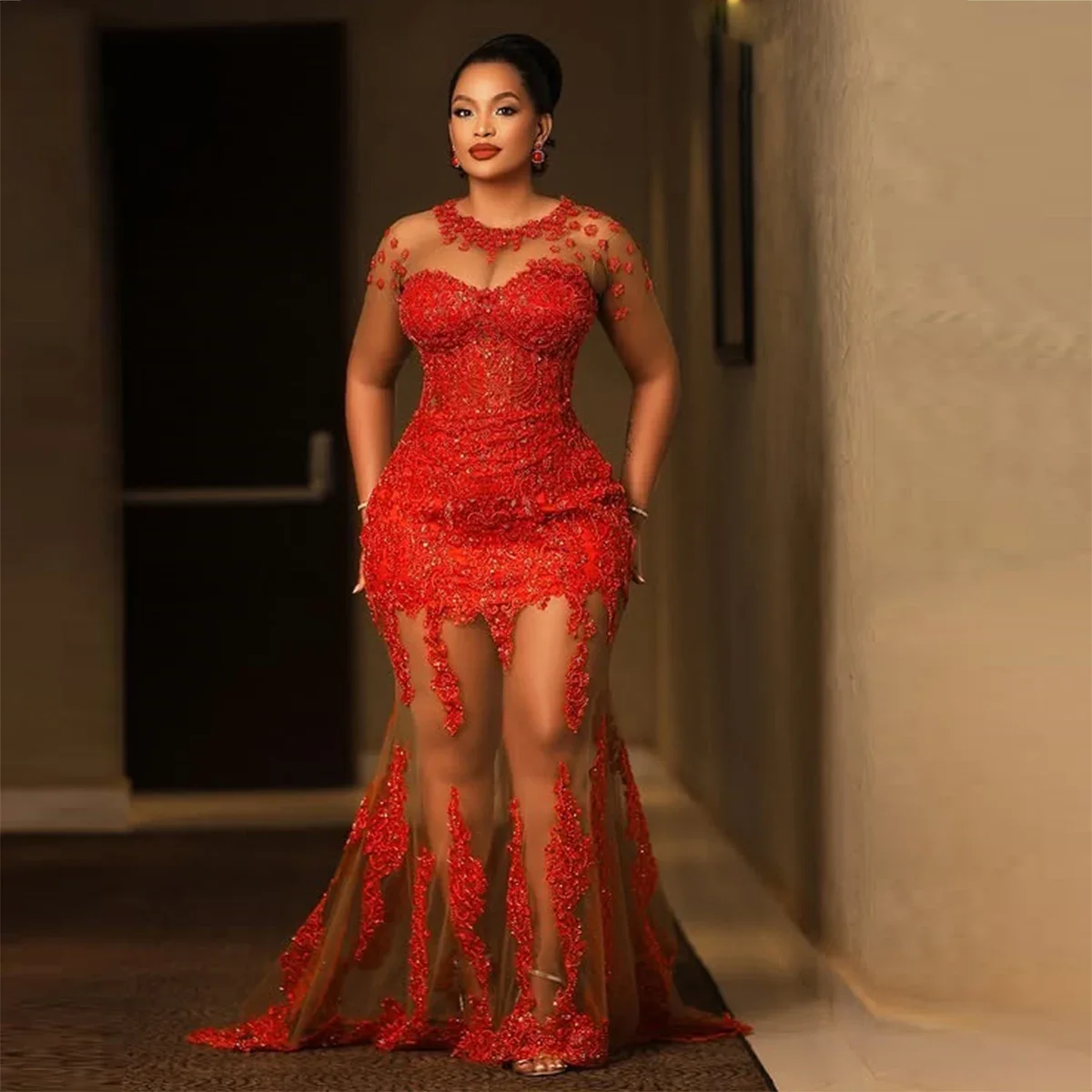 xquisite Red Lace Mermaid Prom Dress Sexy See Through Sheer Long Sleeves Trumpet Evening Gowns Lace Appliques Party Dress 
xquisite Red Lace Mermaid Prom Dress Sexy See Through Sheer Long Sleeves Trumpet Evening Gowns Lace Appliques Party Dress