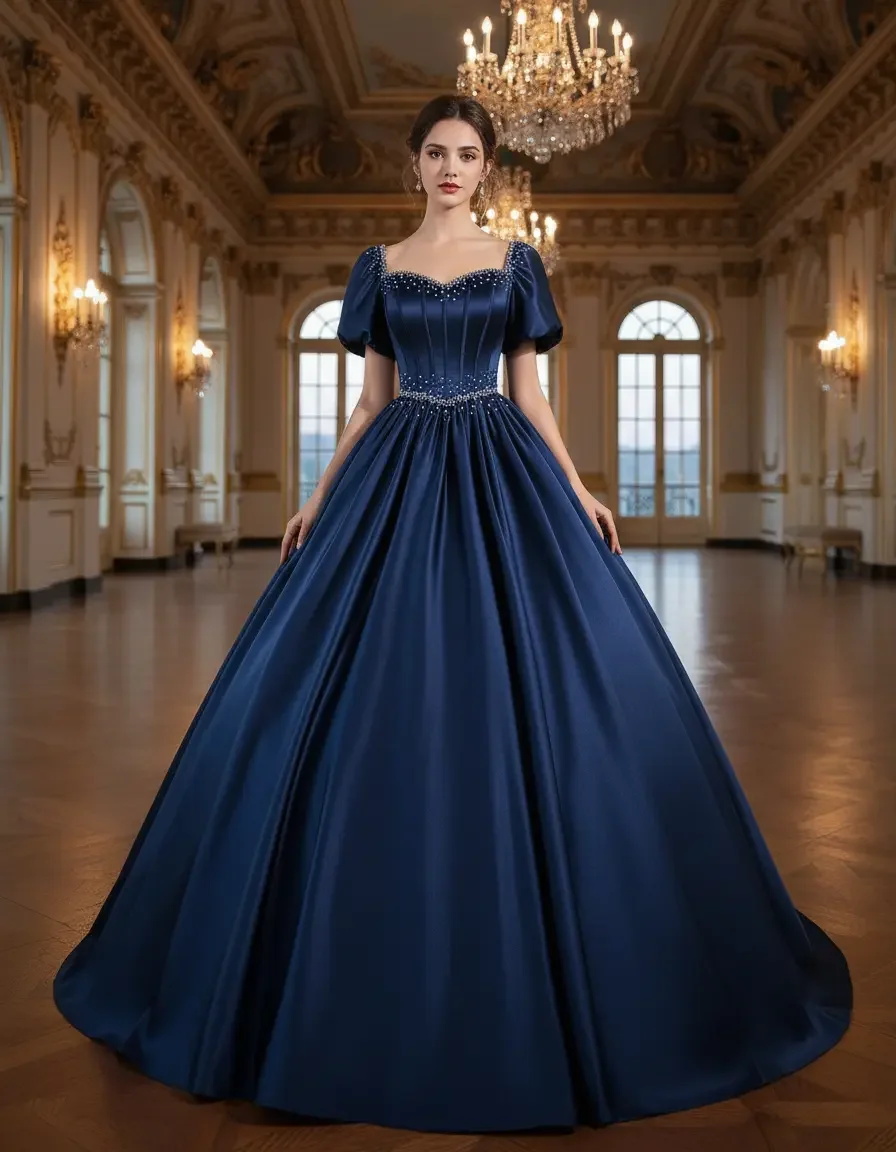 Luxury Royal Blue Satin Ball Gown with Corset Back & Puff Sleeves for Quinceanera, Prom, Formal Occasions & Wedding Receptions
Luxury Royal Blue Satin Ball Gown with Corset Back & Puff Sleeves for Quinceanera, Prom, Formal Occasions & Wedding Receptions