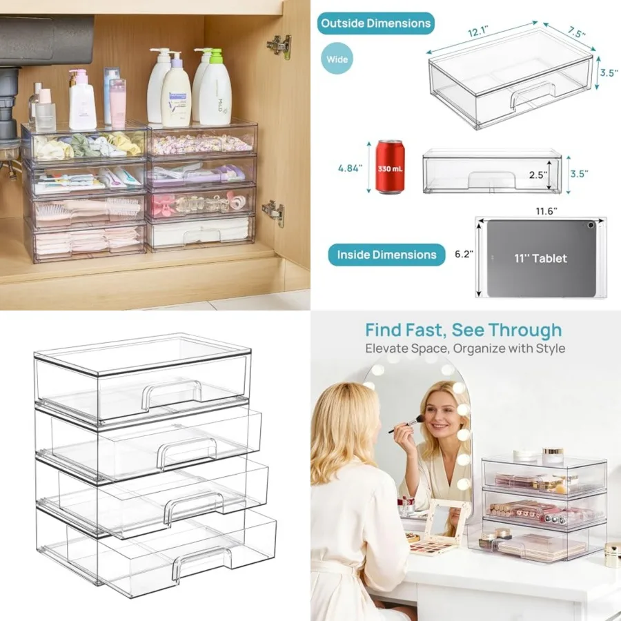 12.1''W Clear Stackable Storage Drawers, 4 Pack Acrylic Plastic Organizers Bins for Makeup Palettes, Cosmetics, and Beauty Supp
12.1''W Clear Stackable Storage Drawers, 4 Pack Acrylic Plastic Organizers Bins for Makeup Palettes, Cosmetics, and Beauty Supp