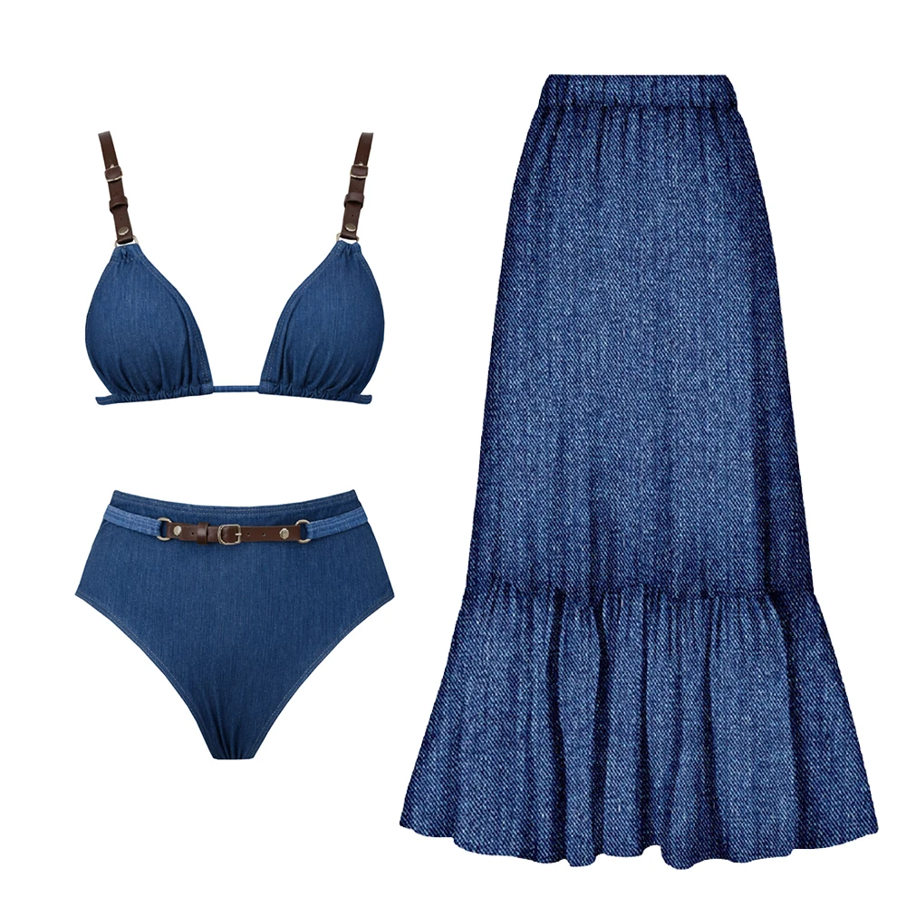 Retro Denim Style Bikini With Skirt Set Fashion Lady Leather Buckle Accent Biquini Swimsuit Casual Mujer High Waist Bathing Suit
Retro Denim Style Bikini With Skirt Set Fashion Lady Leather Buckle Accent Biquini Swimsuit Casual Mujer High Waist Bathing Suit