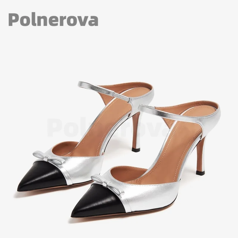 Black Silver Patchwork Slippers Women Cover Pointed Toe Bow Knot High Heels Ladies Elegant Slip On Stiletto Summer Party Shoes
Black Silver Patchwork Slippers Women Cover Pointed Toe Bow Knot High Heels Ladies Elegant Slip On Stiletto Summer Party Shoes