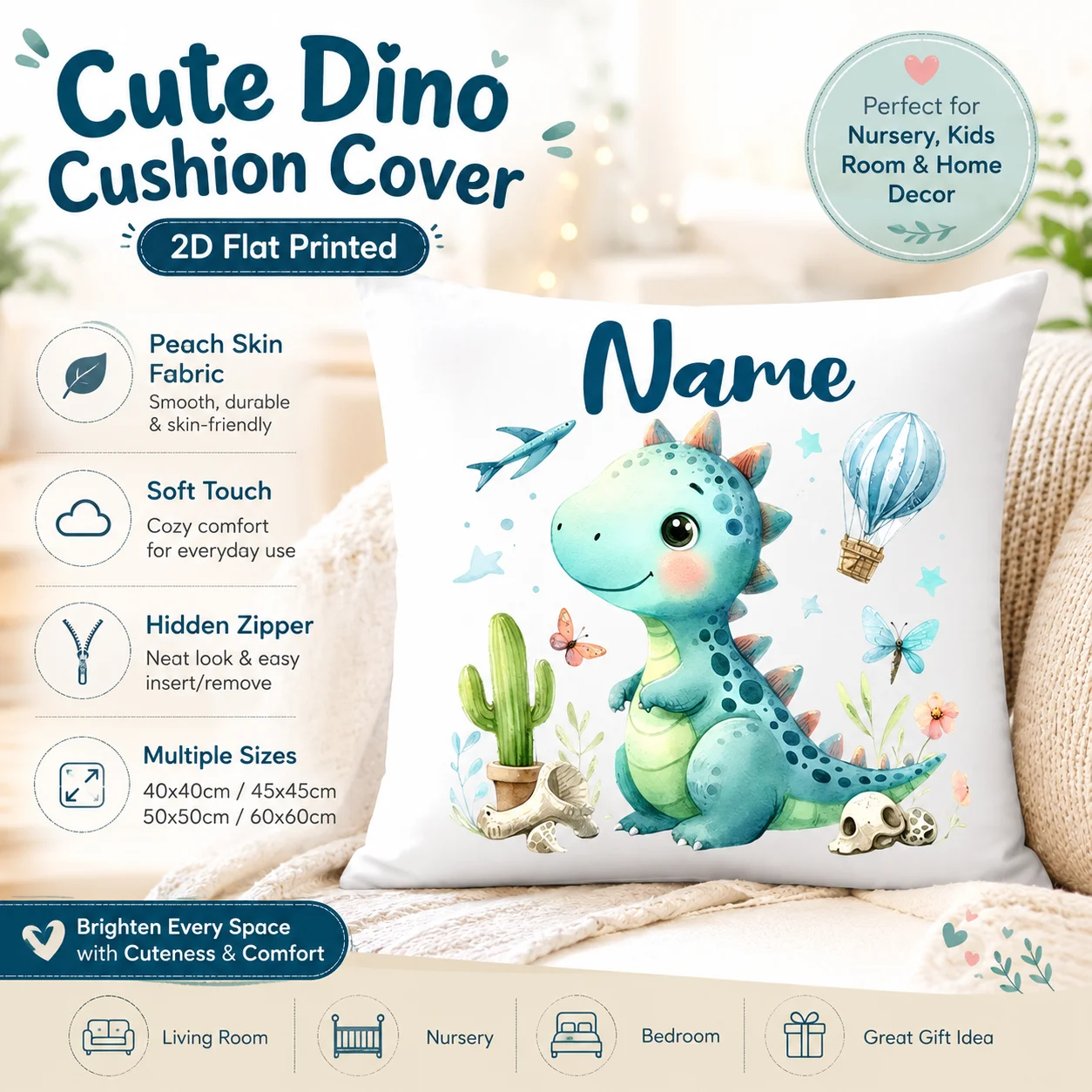 Watercolor Dinosaur Pillowcase 2D Flat Printed Peach Skin Cute Dino Cushion Cover for Kids Bedroom Sofa Nursery Decor
Watercolor Dinosaur Pillowcase 2D Flat Printed Peach Skin Cute Dino Cushion Cover for Kids Bedroom Sofa Nursery Decor