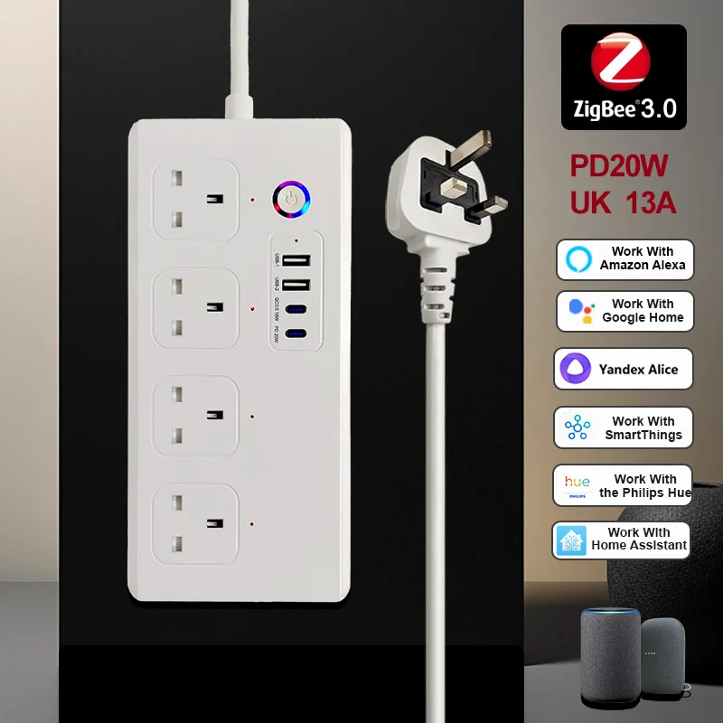 Smart Power Strip Zigbee3.0 Smart Plug UK Outlets Plug Sockets PD20W Charging Ports Works with Alexa/ Google Home/ Voice Control
Smart Power Strip Zigbee3.0 Smart Plug UK Outlets Plug Sockets PD20W Charging Ports Works with Alexa/ Google Home/ Voice Control