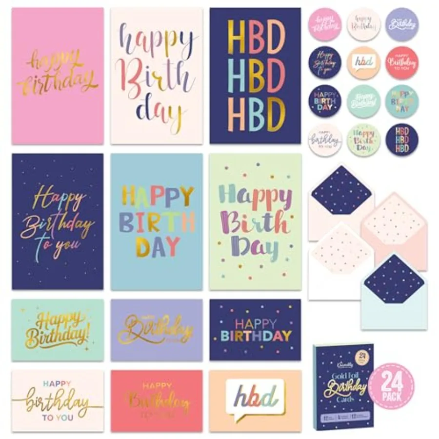 24 Pack 6x4in Gold Foil Blank Birthday Cards with Envelopes and Stickers, 12 Pastel Assorted Designs for and Adults, Family, Fr
24 Pack 6x4in Gold Foil Blank Birthday Cards with Envelopes and Stickers, 12 Pastel Assorted Designs for and Adults, Family, Fr