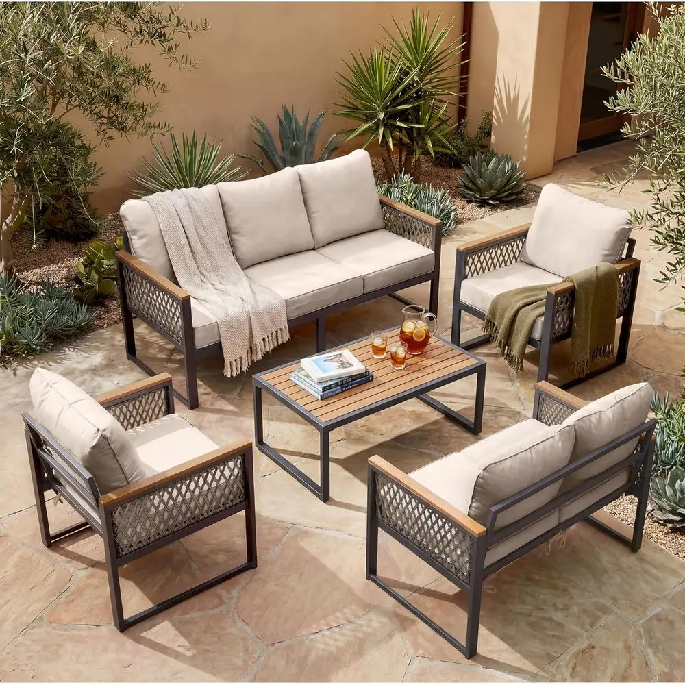 5-Piece Metal Outdoor Sectional Patio Furniture Set with Loveseat, Sofa, 2 Chairs, Coffee Table, Beige
5-Piece Metal Outdoor Sectional Patio Furniture Set with Loveseat, Sofa, 2 Chairs, Coffee Table, Beige