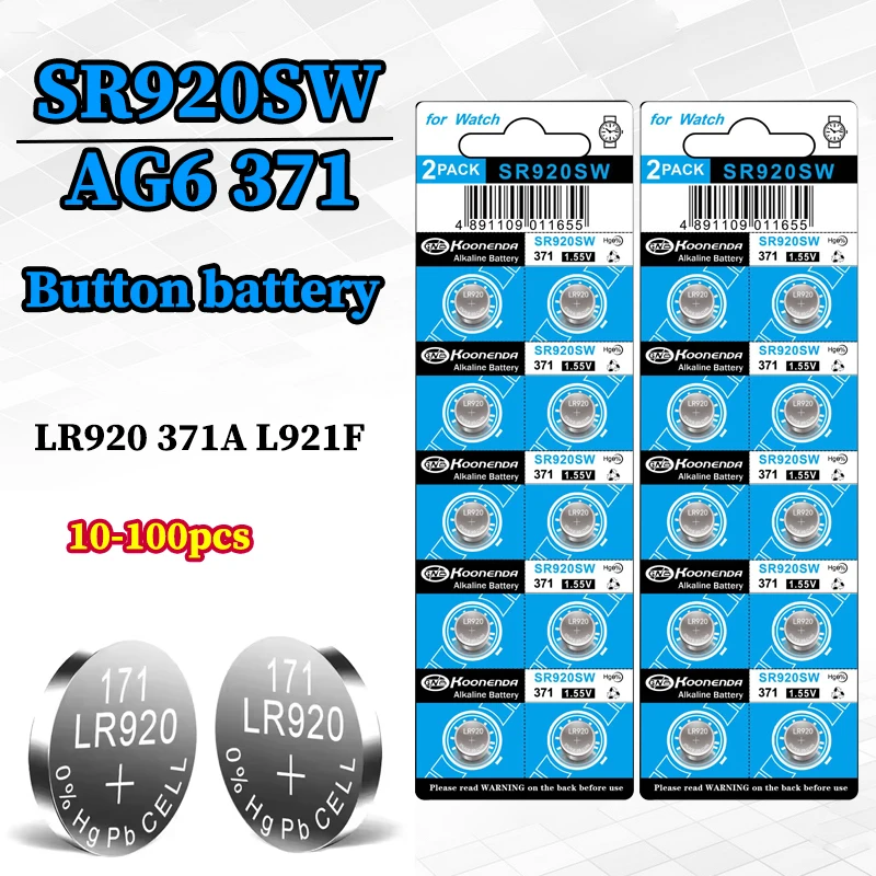 AG6 371 SR920SW Button Battery 1.55V LR920 SR927 171 370 L921 LR69 SR920 for Watch Toys Remote Cell Coin Batteries 
AG6 371 SR920SW Button Battery 1.55V LR920 SR927 171 370 L921 LR69 SR920 for Watch Toys Remote Cell Coin Batteries