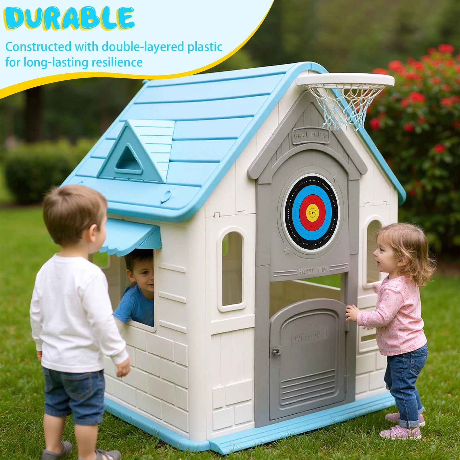 Children Playhouse with Basketball Hoop Dartboard Garden Games Cottage Indoor/Outdoor Playset Toddlers Home Plastic Playhouse
Children Playhouse with Basketball Hoop Dartboard Garden Games Cottage Indoor/Outdoor Playset Toddlers Home Plastic Playhouse