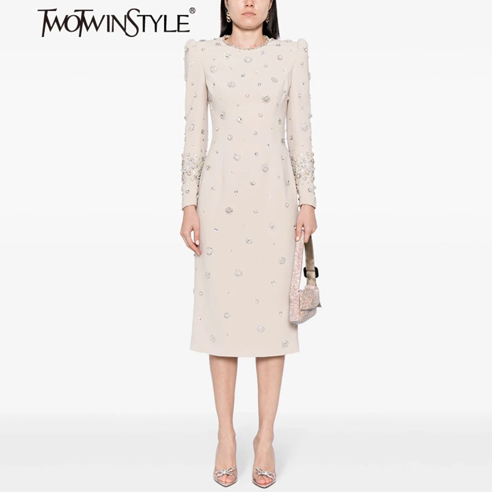 TWOTWINSTYLE Solid Slimming Temperament Dresses for Women Round Neck Long Sleeves Patchwork Diamonds Dress Female Clothing New
TWOTWINSTYLE Solid Slimming Temperament Dresses for Women Round Neck Long Sleeves Patchwork Diamonds Dress Female Clothing New