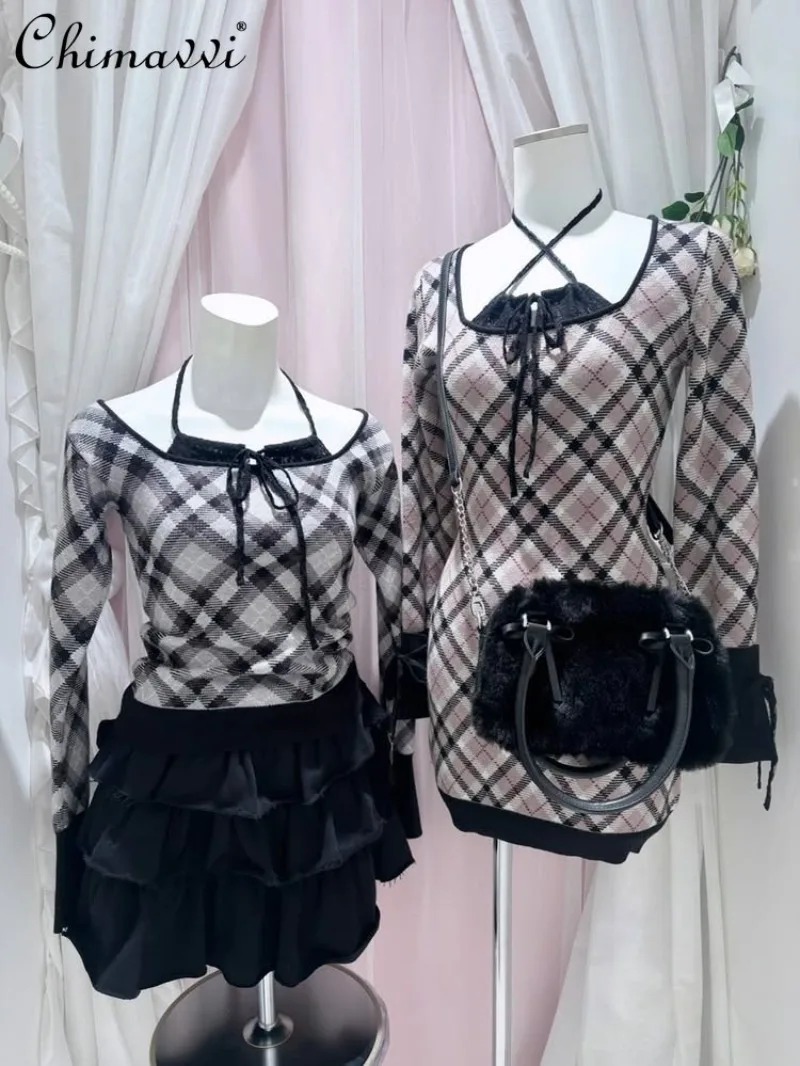 Japanese Sweet Halter Plaid Knitted Top Spring Autumn Fashion Women's Slim Fit Tops Lady Daily Casual Knitted Pullover Sweater
Japanese Sweet Halter Plaid Knitted Top Spring Autumn Fashion Women's Slim Fit Tops Lady Daily Casual Knitted Pullover Sweater