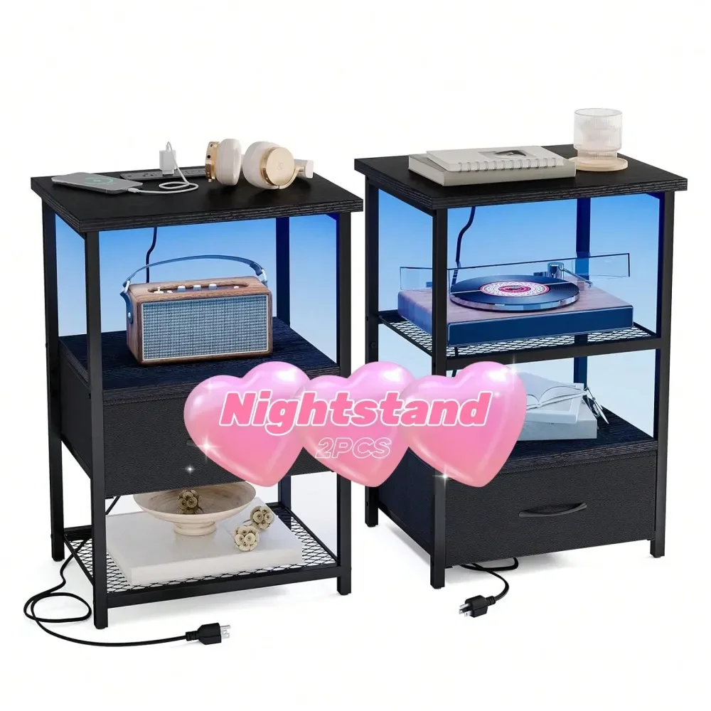 Night Stand Set Of 2 With Charging Station, LED Nightstand With Fabric Drawers, End Table With PU Finish, Bed Side Table, Black
Night Stand Set Of 2 With Charging Station, LED Nightstand With Fabric Drawers, End Table With PU Finish, Bed Side Table, Black