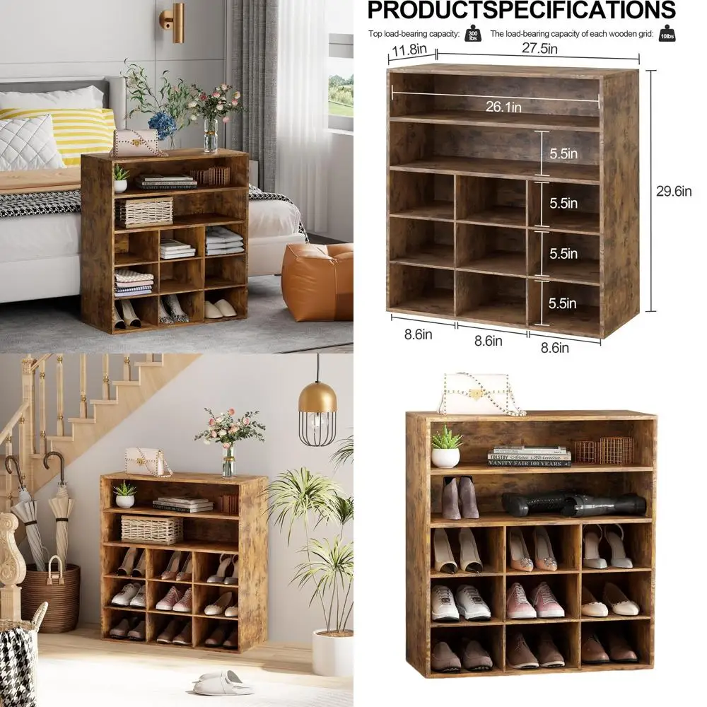 5-Tier Wooden Shoe Rack with 2 Shelves and 9 Cubbies, Organizer Cabinet for Entryway, Hallway, Closet, Garage - Brown
5-Tier Wooden Shoe Rack with 2 Shelves and 9 Cubbies, Organizer Cabinet for Entryway, Hallway, Closet, Garage - Brown