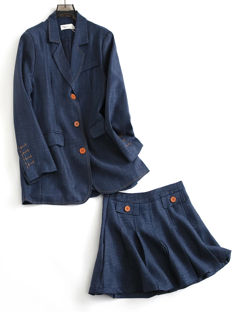 Blue Loose Midi Suit Jacket And Skirt Set Women's Long Sleeve Pleated Dress Fashionable Two-Piece Suit Polyester Material
Blue Loose Midi Suit Jacket And Skirt Set Women's Long Sleeve Pleated Dress Fashionable Two-Piece Suit Polyester Material
