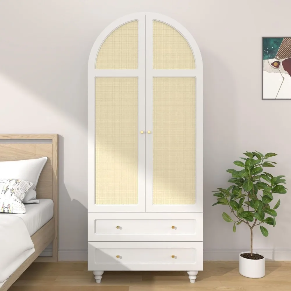 Wardrobe Closet, Arched Rattan Wardrobe Cabinet with Hanging Rod & 2 Drawers, 75" Freestanding Storage Cabinet for Living Room,
Wardrobe Closet, Arched Rattan Wardrobe Cabinet with Hanging Rod & 2 Drawers, 75" Freestanding Storage Cabinet for Living Room,