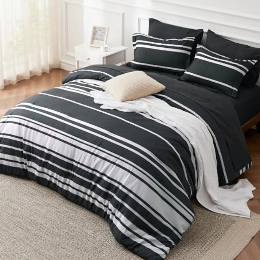 Comforter Set 7 Pieces, Black Striped Bedding Set for All Seasons, Reversible, Cationic Dyeing Bed in a Bag with Comforter, She
Comforter Set 7 Pieces, Black Striped Bedding Set for All Seasons, Reversible, Cationic Dyeing Bed in a Bag with Comforter, She