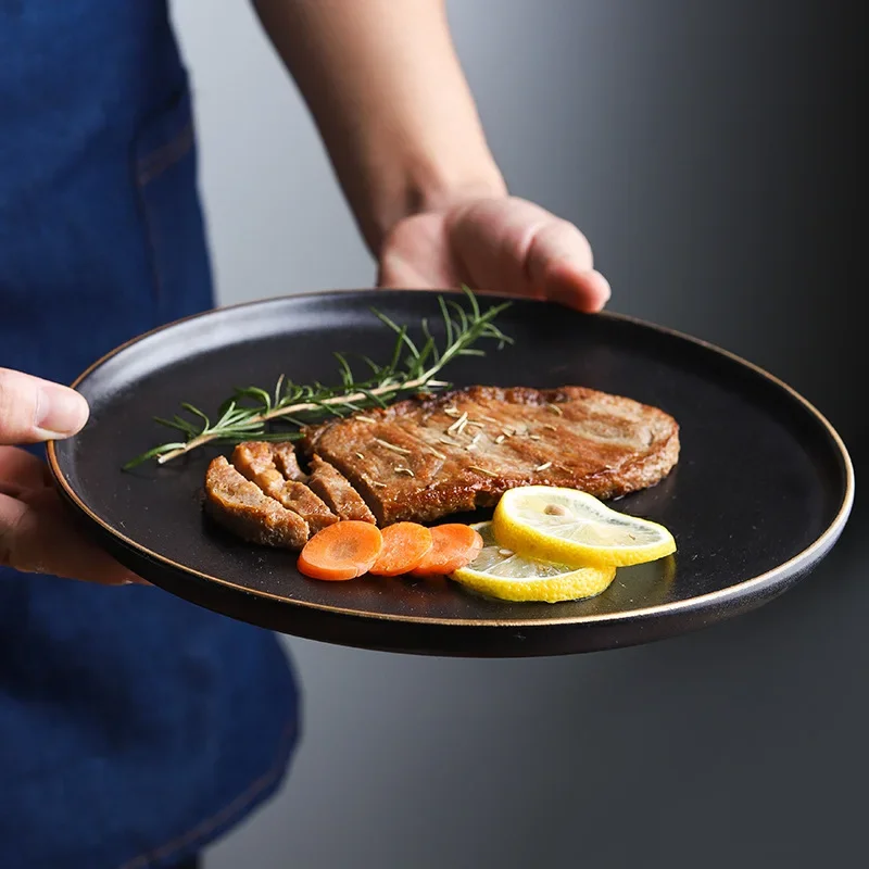 Black Gold Edged Ceramic Plate, Home Round Frosted Steak Plate, Dish, Meat, Dessert Plate, High-end Hotel Restaurant Tableware
Black Gold Edged Ceramic Plate, Home Round Frosted Steak Plate, Dish, Meat, Dessert Plate, High-end Hotel Restaurant Tableware