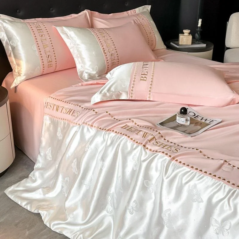 Washed Silk Lace Summer Quilt Set Ice Silk Embroidered Durable Polyester Fiber Summer Cooling Air Conditioner Quilt Four-Piec...