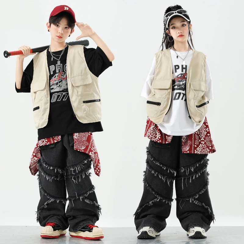 Children Hip Hop Clothes Khaki Vest Black Pants Short Sleeves Boys Streetwear Girls Jazz Drum Show Costume Kpop Stage Wear 15671
Children Hip Hop Clothes Khaki Vest Black Pants Short Sleeves Boys Streetwear Girls Jazz Drum Show Costume Kpop Stage Wear 15671