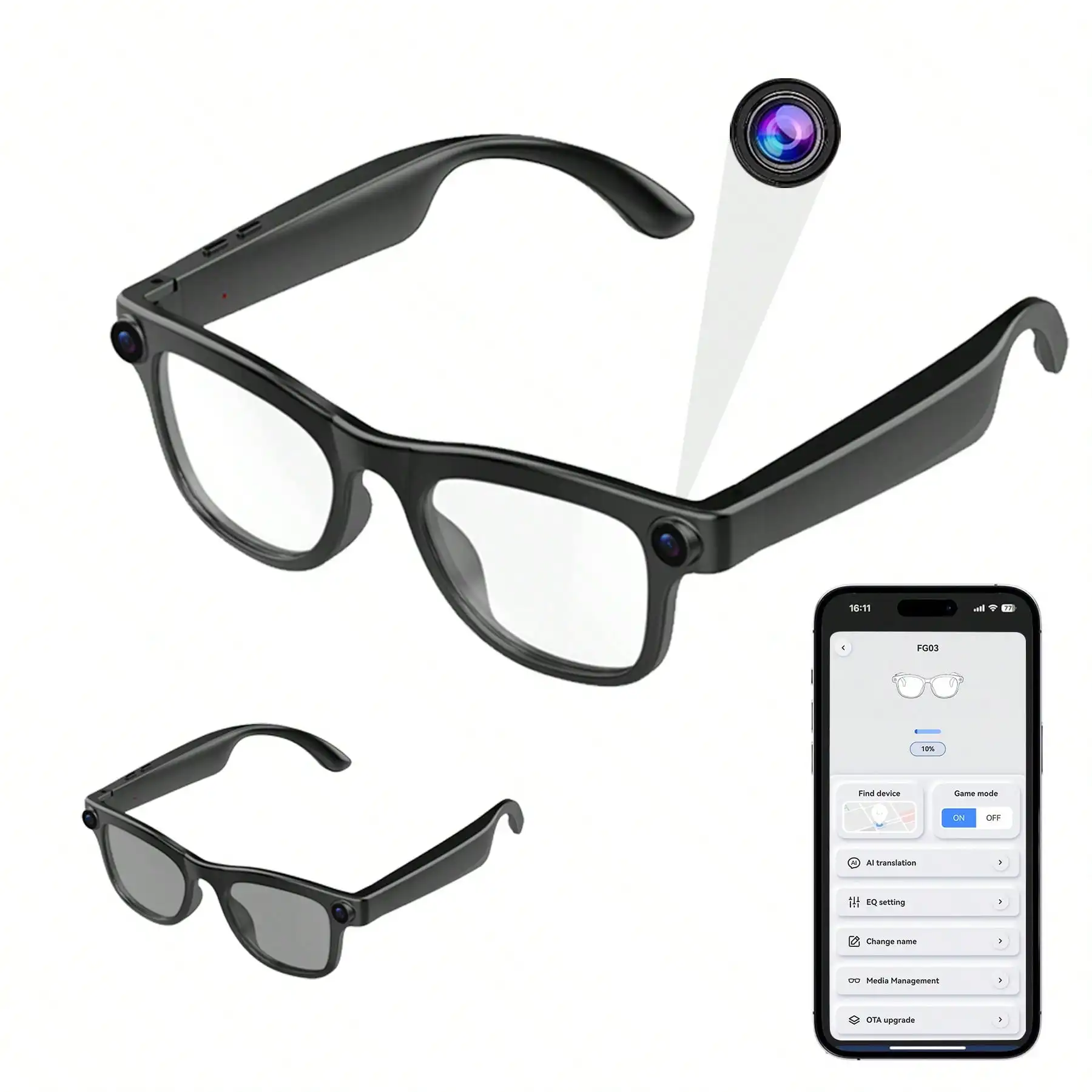 Bluetooth AI Camera Glasses 20MP Dual Lens Support Photo Video Shooting Music Play Call Answer AI Voice Control Ideal for Cycling Outdoor Sports Daily Use
Bluetooth AI Camera Glasses 20MP Dual Lens Support Photo Video Shooting Music Play Call Answer AI Voice Control Ideal for Cycling Outdoor Sports Daily Use