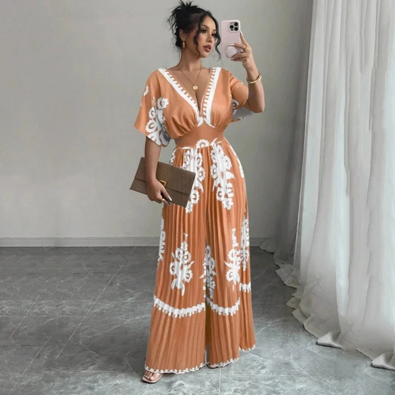 Women's New Casual Deep V Neck Backless Jumpsuit Fashion Versatile Short Sleeve Splicing Printed High Waist Wide Leg Jumpsuits
Women's New Casual Deep V Neck Backless Jumpsuit Fashion Versatile Short Sleeve Splicing Printed High Waist Wide Leg Jumpsuits