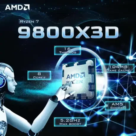 AMD Ryzen 7 9800X3D Gaming Processor 4.7GHz 8 Core 16 Thread AM5 DDR5 4NM 96M L3 Cache 120W Desktop CPU Without Fan
AMD Ryzen 7 9800X3D Gaming Processor 4.7GHz 8 Core 16 Thread AM5 DDR5 4NM 96M L3 Cache 120W Desktop CPU Without Fan