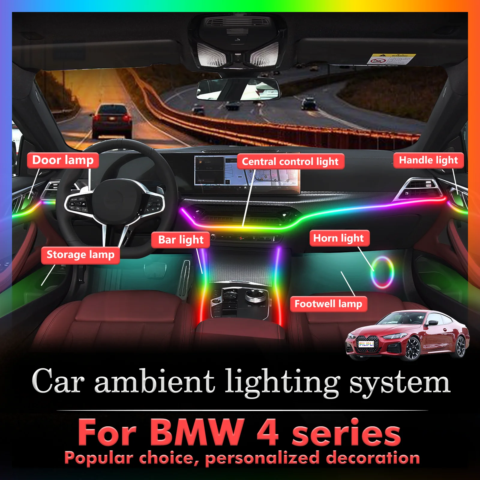 6-в-1 для BMW 4 серии F32 F33 F36 F82 F83 G22 G23 G26 G82 G83: 64-цветные светодиодные лампы для интерьера автомобиля, атмосферная подсветка
6-в-1 для BMW 4 серии F32 F33 F36 F82 F83 G22 G23 G26 G82 G83: 64-цветные светодиодные лампы для интерьера автомобиля, атмосферная подсветка