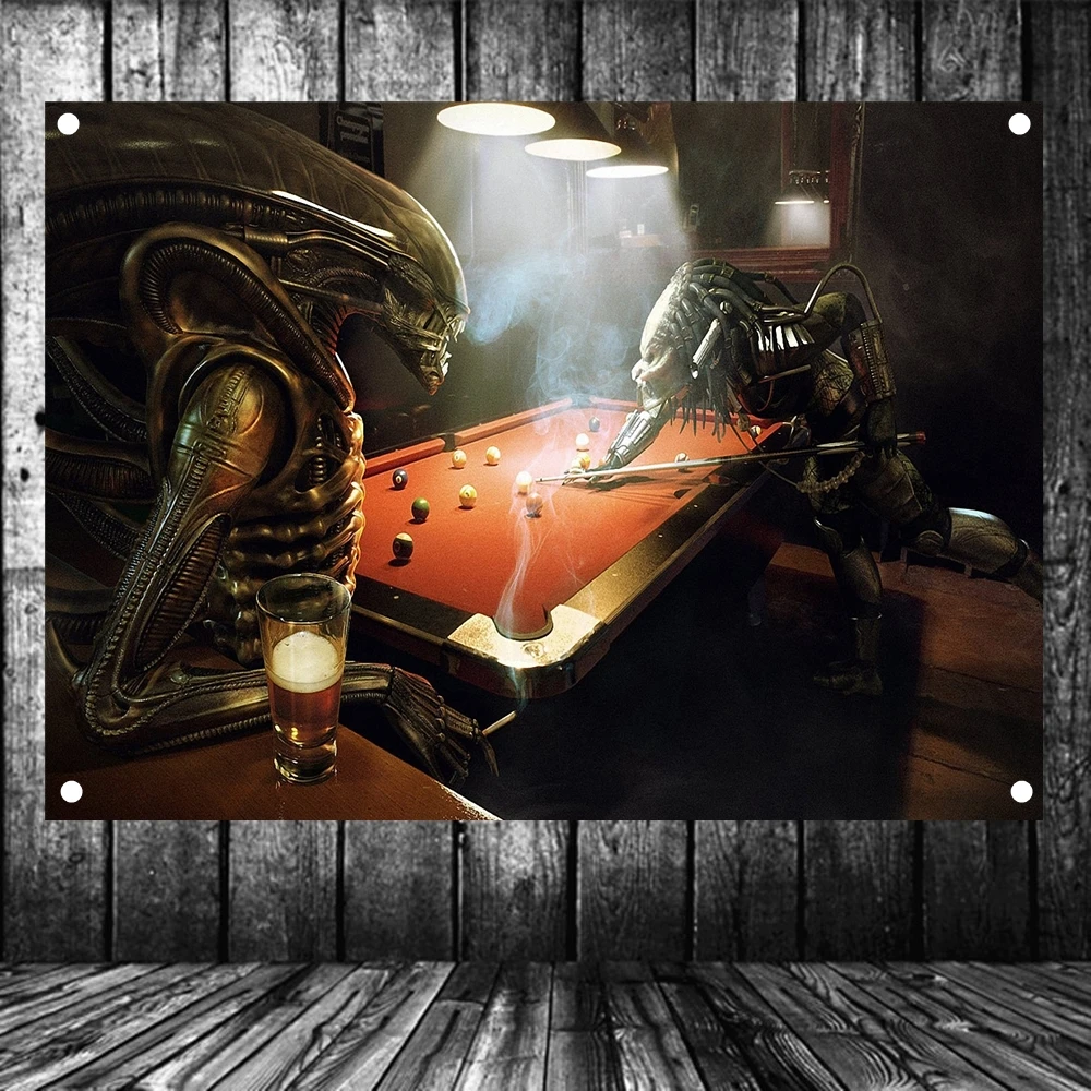 Винтажные кинопостеры Alien VS Predator Play для игры в бильярд, высококачественный художественный холщовый баннер с четырьмя отверстиями, флаг, фон для декора стен
Винтажные кинопостеры Alien VS Predator Play для игры в бильярд, высококачественный художественный холщовый баннер с четырьмя отверстиями, флаг, фон для декора стен