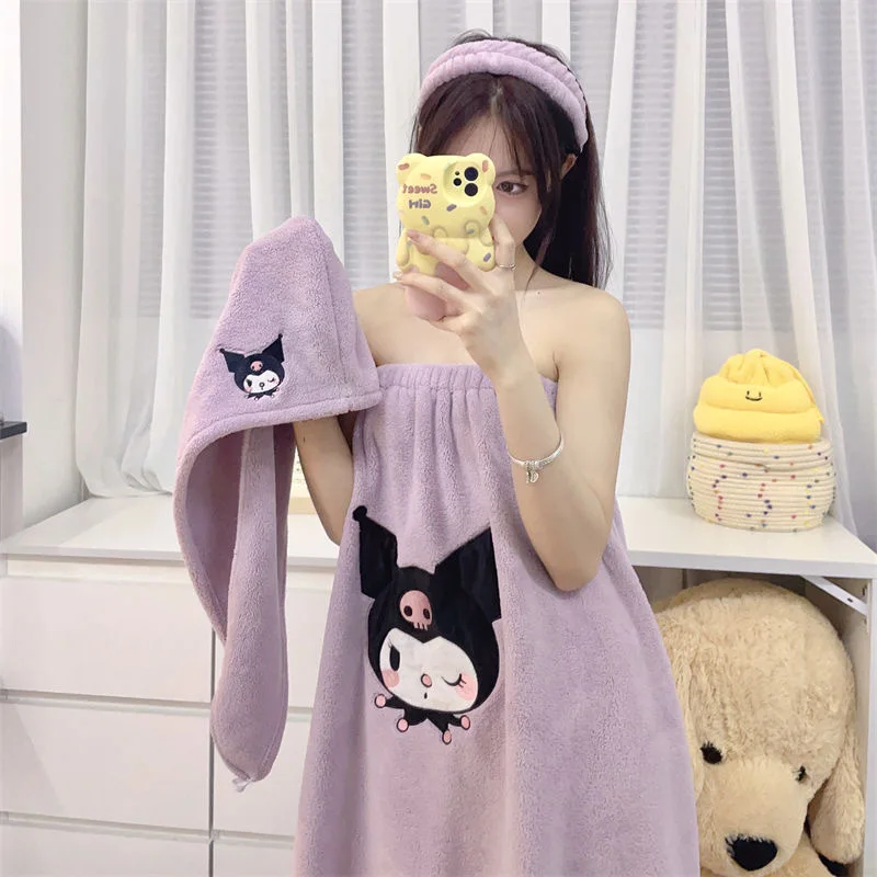 Kuromi Bath Towel Can Be Worn or Wrapped In A Bathrobe, Coral Fleece Dry Hair Cap Headband Three Piece Set Friendly Bath Skirt
Kuromi Bath Towel Can Be Worn or Wrapped In A Bathrobe, Coral Fleece Dry Hair Cap Headband Three Piece Set Friendly Bath Skirt