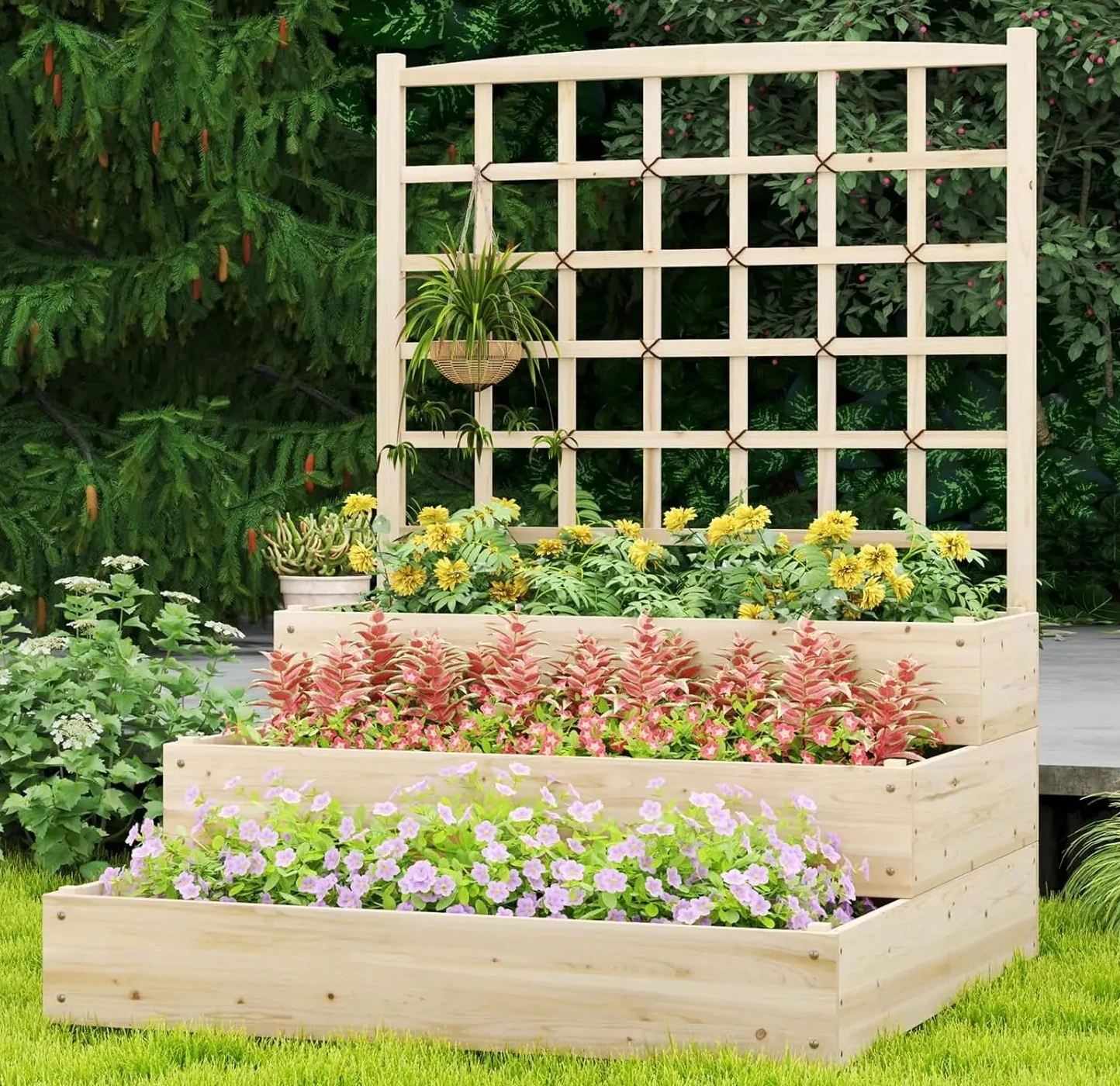 3-Tier Raised Garden Bed, Wooden Planter with Trellis & Open-Ended Base for Patio Yard Lawn, Outdoor Planter Boxes
3-Tier Raised Garden Bed, Wooden Planter with Trellis & Open-Ended Base for Patio Yard Lawn, Outdoor Planter Boxes