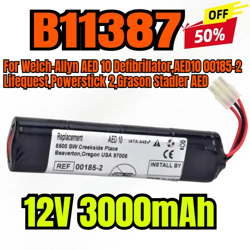 12V 3000mAh Medical Battery B11387 for Welch-Allyn AED 10 Defibrillator,AED10 00185-2 Lifequest,Powerstick 2,Grason Stadler AED
12V 3000mAh Medical Battery B11387 for Welch-Allyn AED 10 Defibrillator,AED10 00185-2 Lifequest,Powerstick 2,Grason Stadler AED