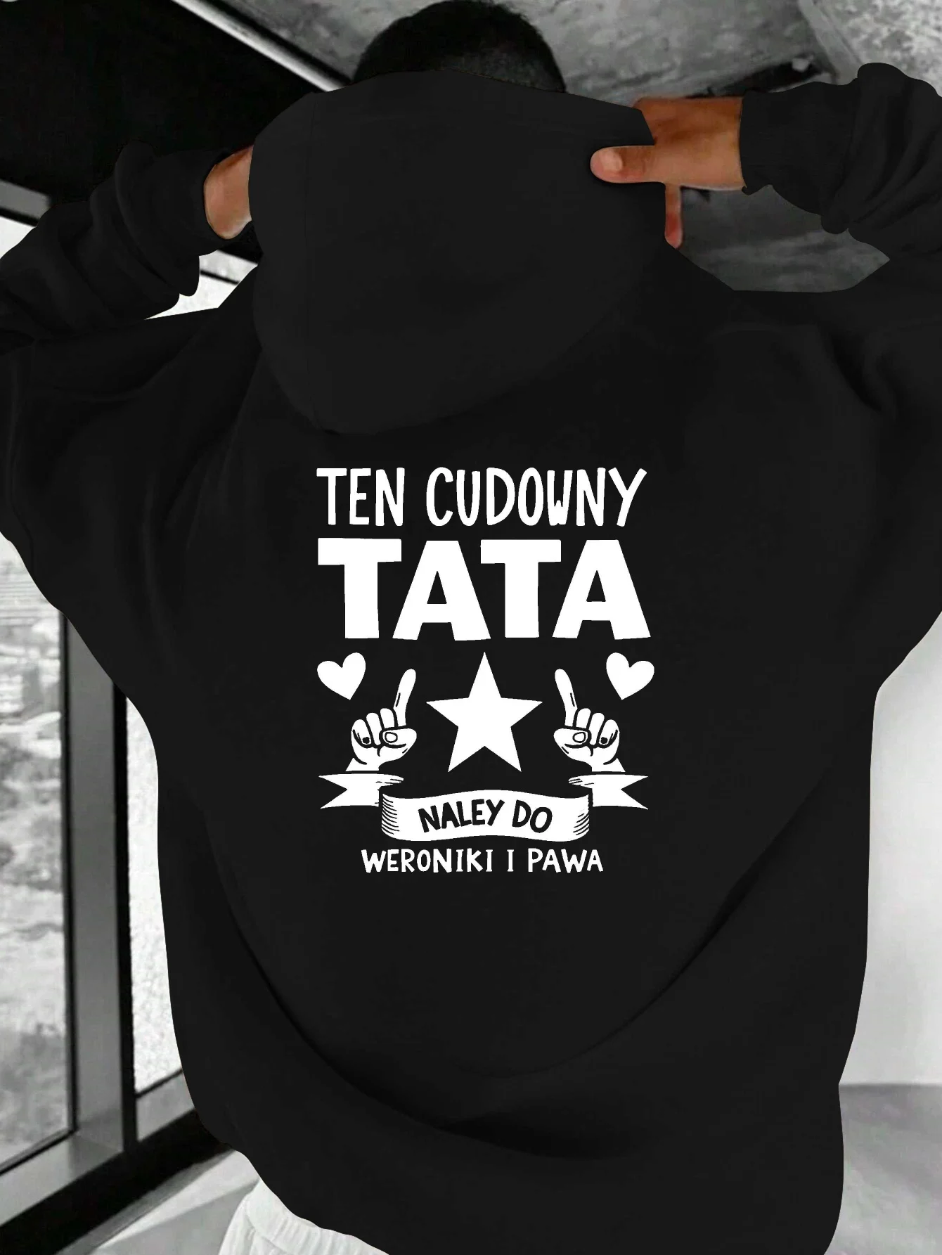 Men's hooded sweatshirt - "Ten Cudowny Tata" - an amusing Polish phrase, black with white pattern design, casual and loose fit
Men's hooded sweatshirt - "Ten Cudowny Tata" - an amusing Polish phrase, black with white pattern design, casual and loose fit